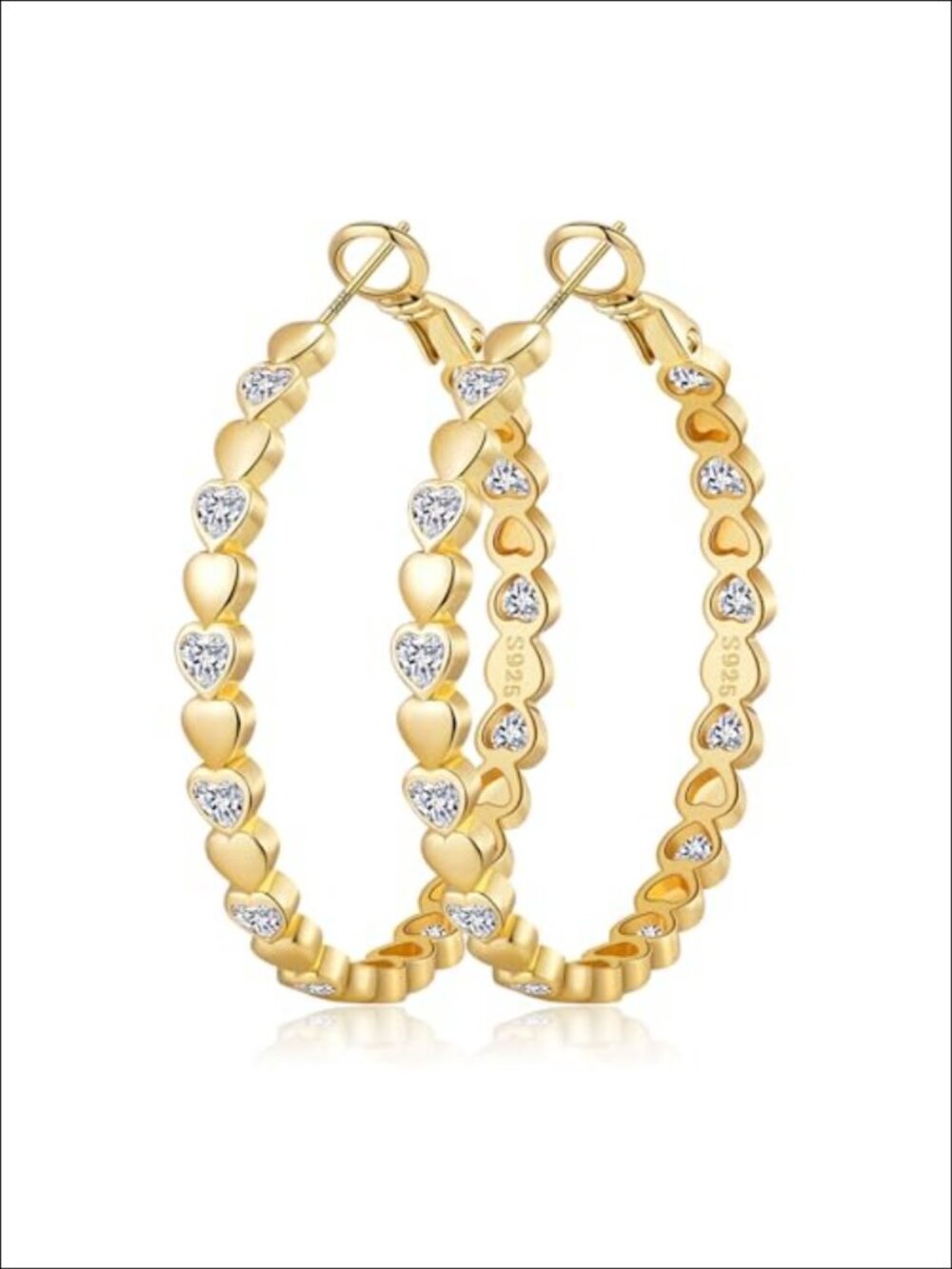 Heart Cubic Zirconia Hoop Earrings 925 Silver 14k Gold Plated Hypoallergenic